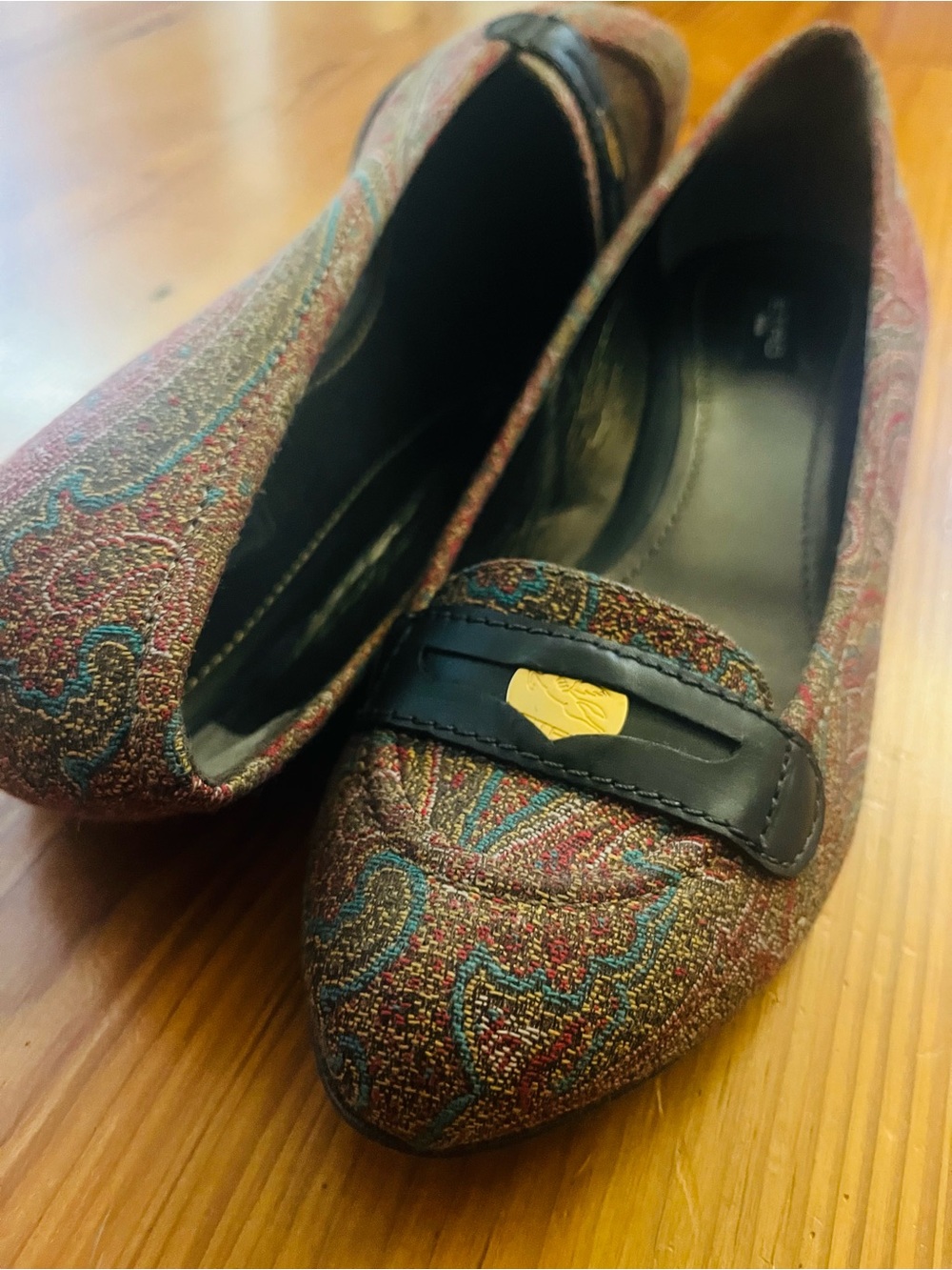 Y2K ETRO Multicolor Paisley Slip-On Loafers with Gold Accent